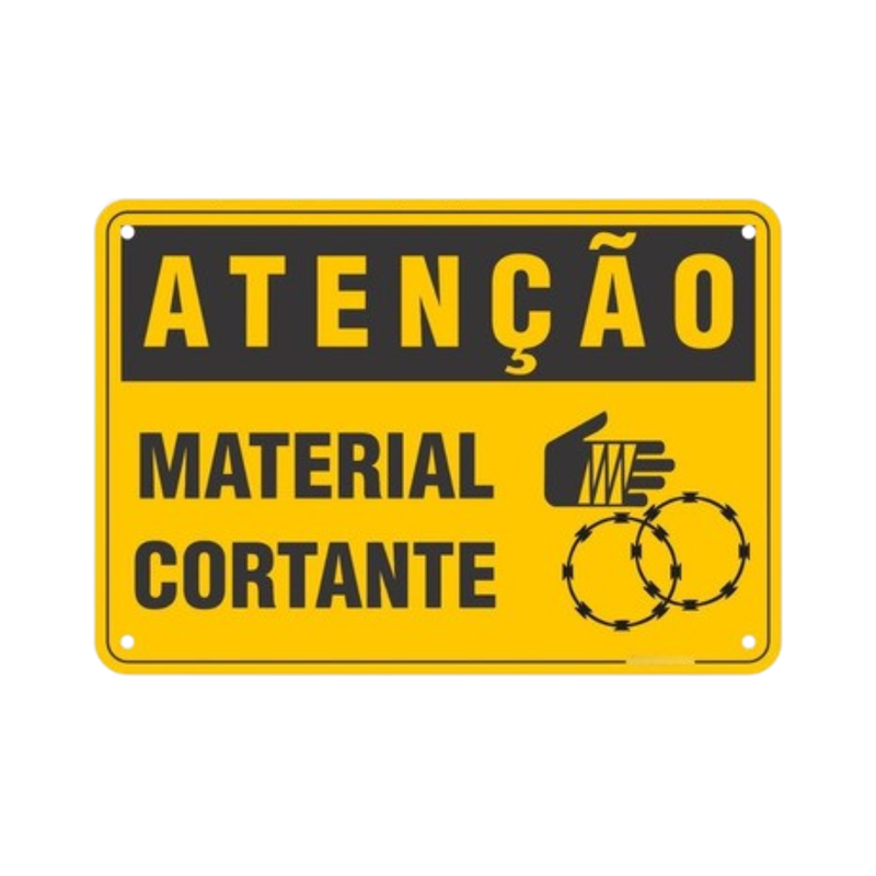 Placa de advertência amarela: atenção, material cortante